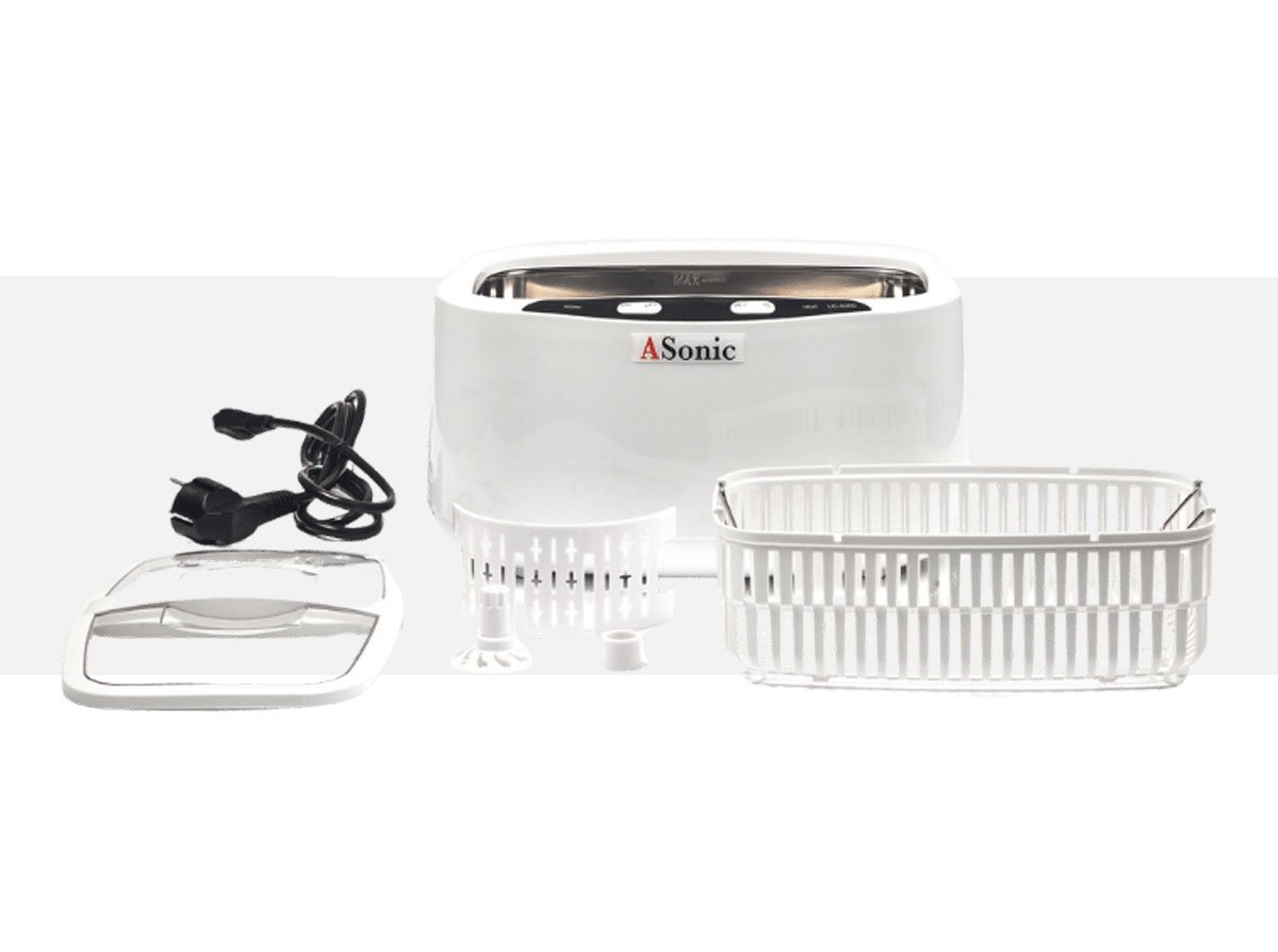 ASONIC 2.5L ultrasonic cleaner with plastic cover, basket, CD holder, and watch holder accessories.