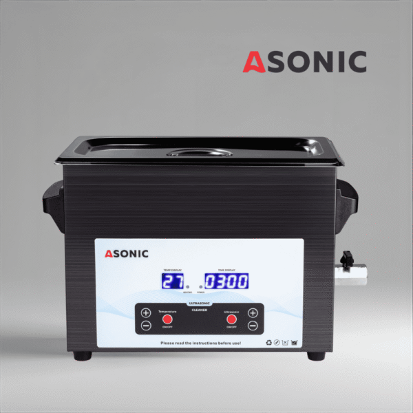 ASONIC MED 5L ultrazvučni čistač u crnoj boji s zatvorenim poklopcem za profesionalnu medicinsku upotrebu.