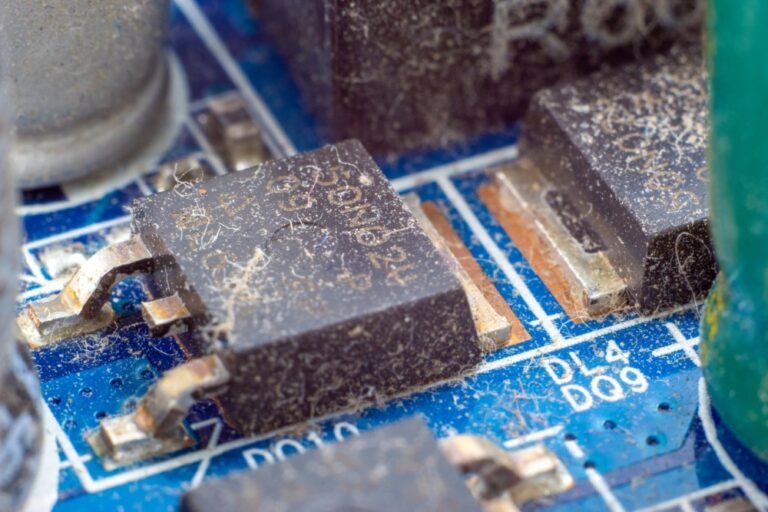 Ova slika prikazuje krupni plan kontaminiranog elektroničkog čipa na štampanoj pločici (PCB) prije ultrazvučnog čišćenja. Vidljivi su nakupljeni prašina, fluks i ostaci, što ilustrira kako ASONIC ultrazvučni čistači efikasno uklanjaju nečistoće s osjetljivih elektroničkih komponenti bez oštećenja.